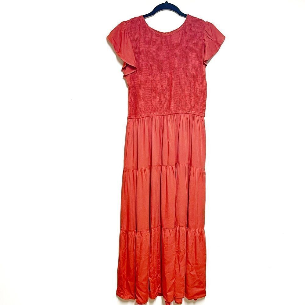 NWT Zesica Rust Short Sleeve Smocked Tiered Ruffle Dress Sz M (L)